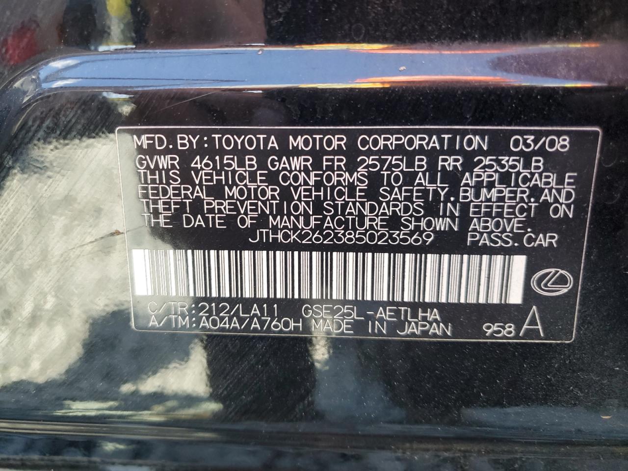 2008 Lexus Is 250 VIN: JTHCK262385023569 Lot: 84927235