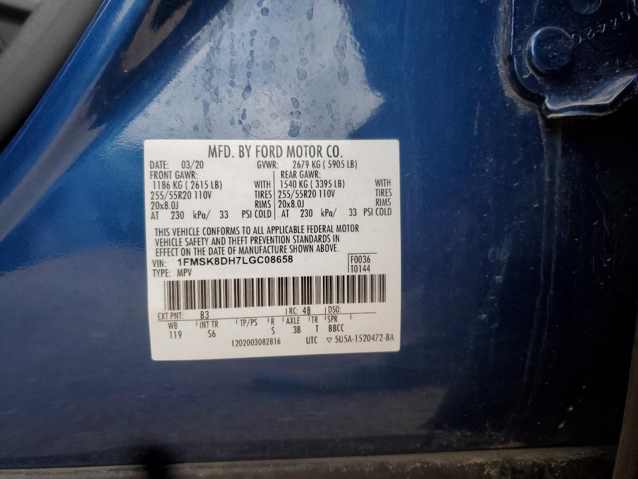 2020 Ford Explorer Xlt VIN: 1FMSK8DH7LGC08658 Lot: 85844555