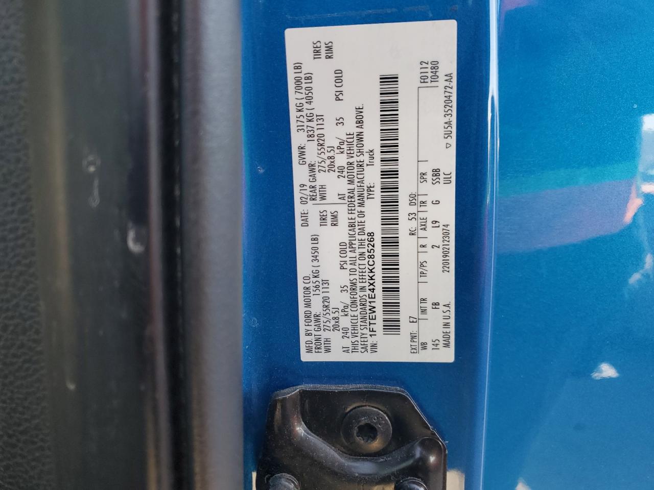 2019 Ford F150 Supercrew VIN: 1FTEW1E4XKKC85268 Lot: 89635265