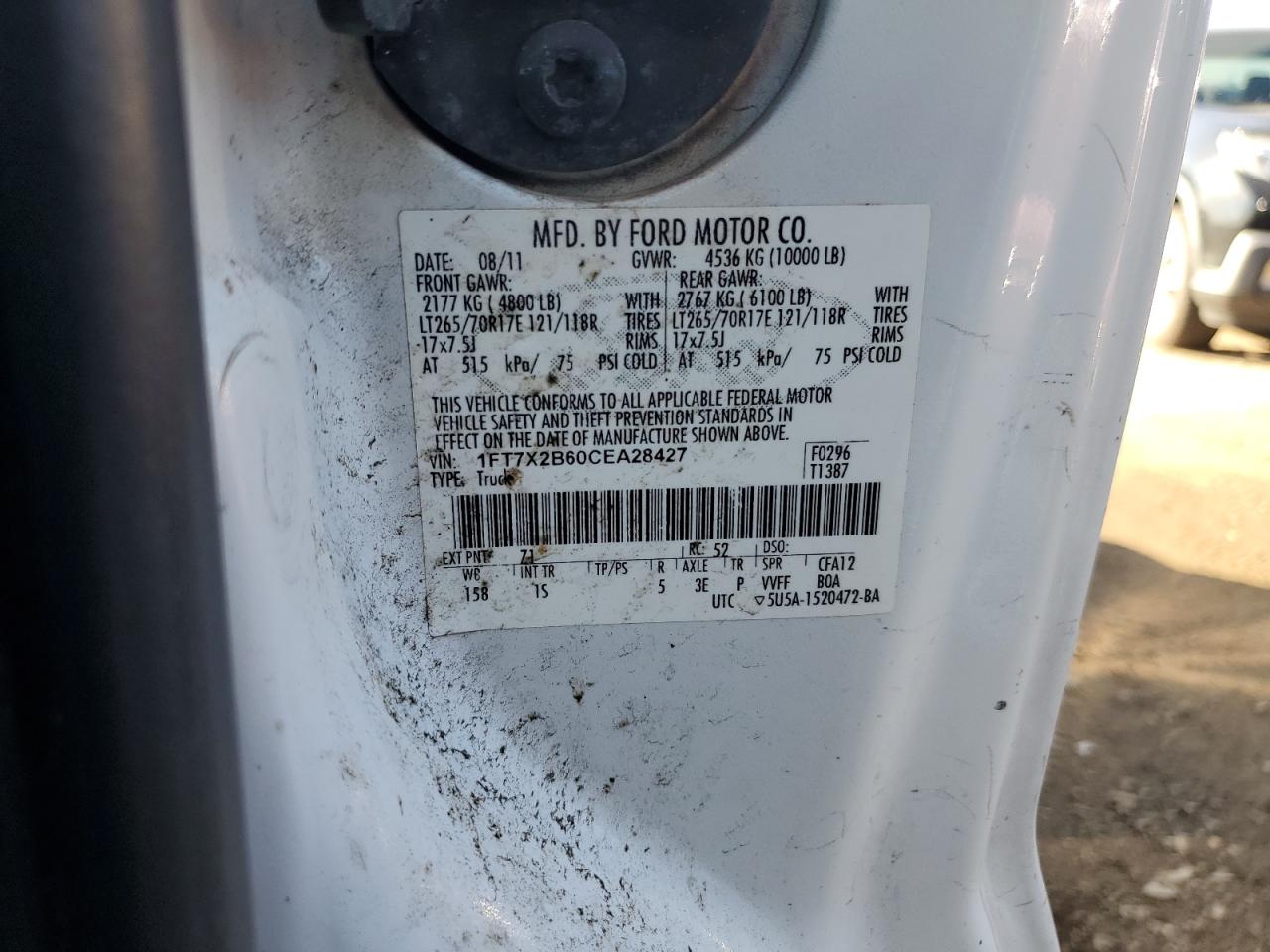 2012 Ford F250 Super Duty VIN: 1FT7X2B60CEA28427 Lot: 87043035