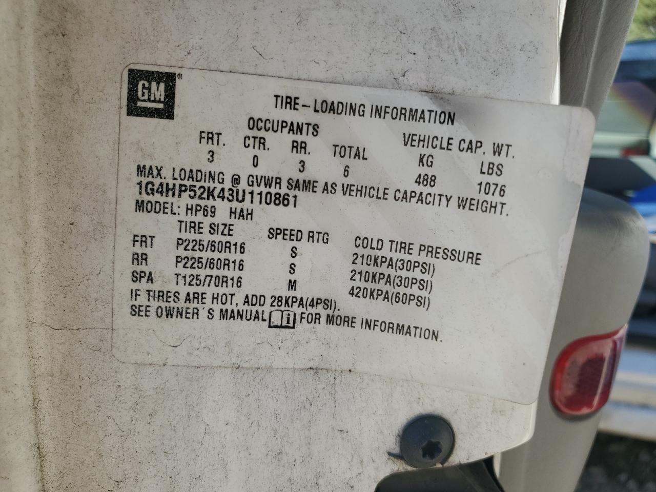 2003 Buick Lesabre Custom VIN: 1G4HP52K43U110861 Lot: 86307125