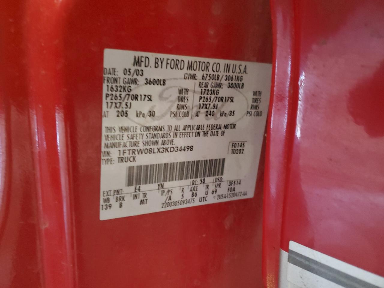 2003 Ford F150 Supercrew VIN: 1FTRW08LX3KD34498 Lot: 89444915