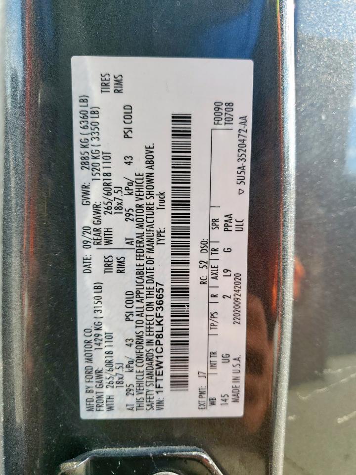 2020 Ford F150 Supercrew VIN: 1FTEW1CP8LKF36657 Lot: 89507485