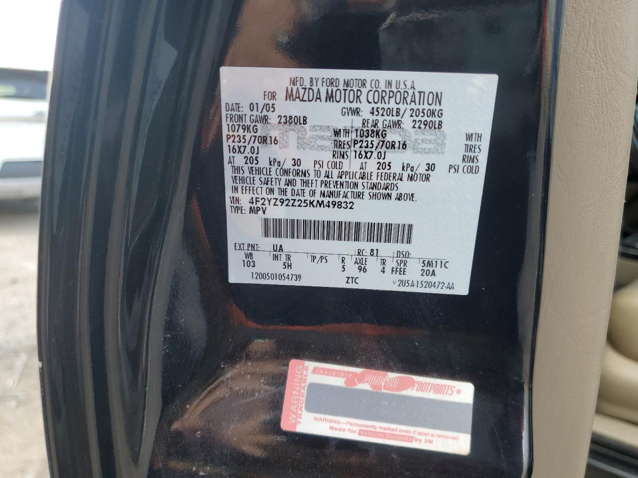 2005 Mazda Tribute VIN: 4F2YZ92Z25KM49832 Lot: 82703265