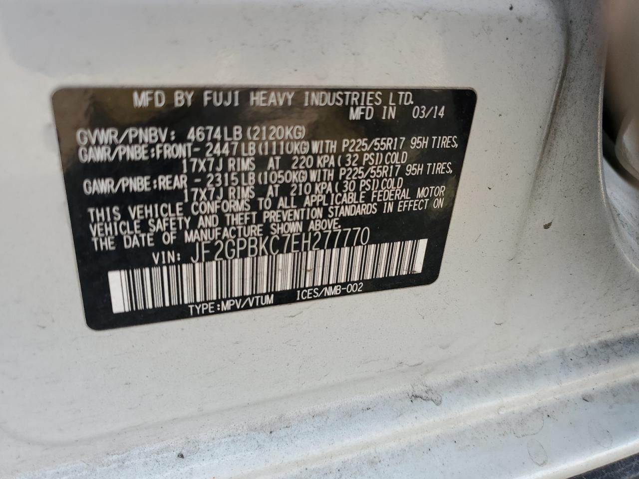 2014 Subaru Xv Crosstrek 2.0I Hybrid Touring VIN: JF2GPBKC7EH277770 Lot: 85682775