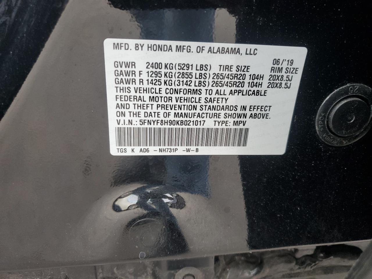 2019 Honda Passport Touring VIN: 5FNYF8H90KB021017 Lot: 86082525
