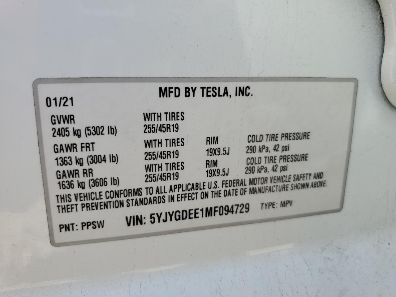 2021 Tesla Model Y VIN: 5YJYGDEE1MF094729 Lot: 90342835
