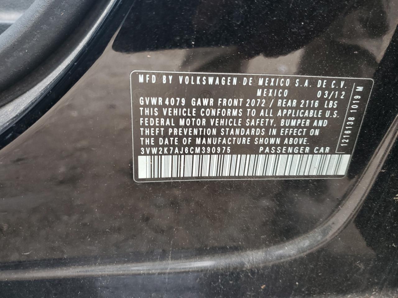 2012 Volkswagen Jetta Base VIN: 3VW2K7AJ6CM390975 Lot: 86637285