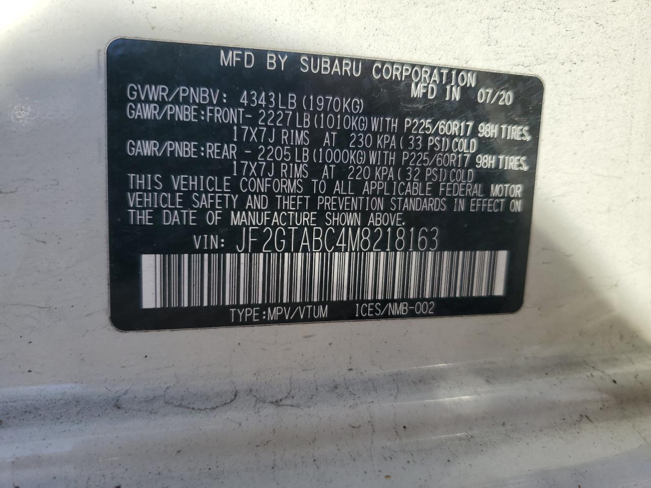 2021 Subaru Crosstrek VIN: JF2GTABC4M8218163 Lot: 85388635