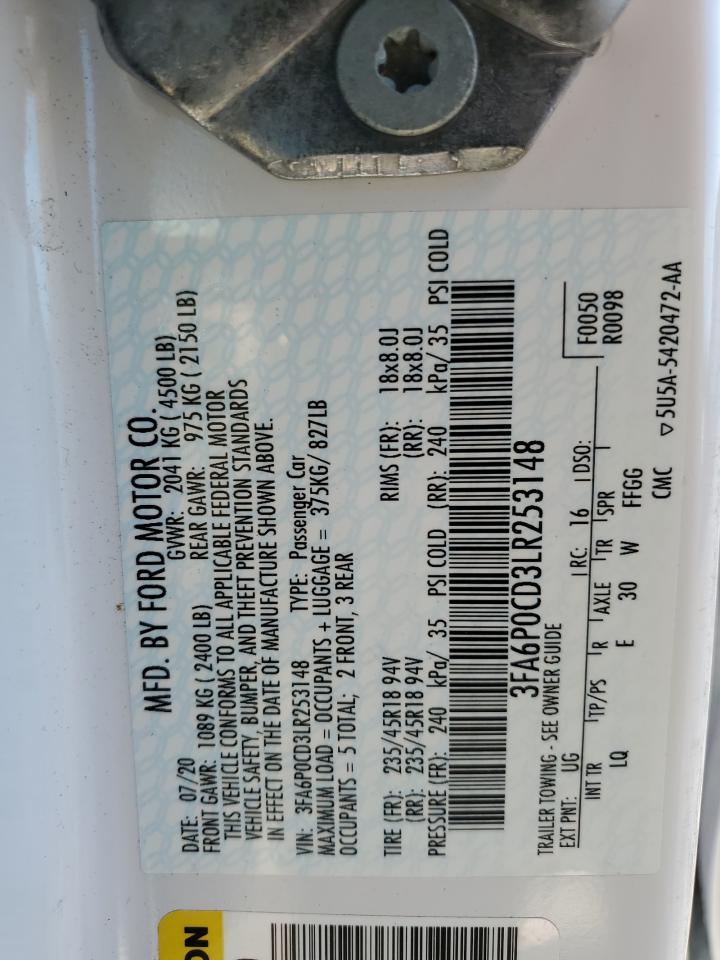 2020 Ford Fusion Sel VIN: 3FA6P0CD3LR253148 Lot: 85269845