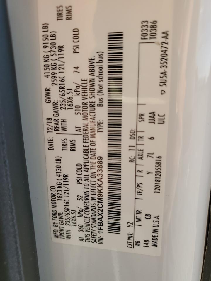 2019 Ford Transit T-350 VIN: 1FBAX2CM9KKA33889 Lot: 86148065