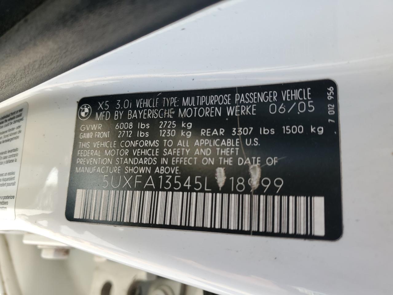 2005 BMW X5 3.0I VIN: 5UXFA13545LY18999 Lot: 87239735