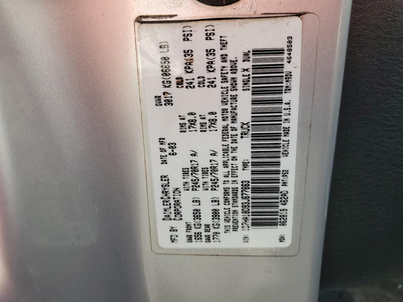 2003 Dodge Ram 1500 St VIN: 1D7HA18D93J677663 Lot: 90435595