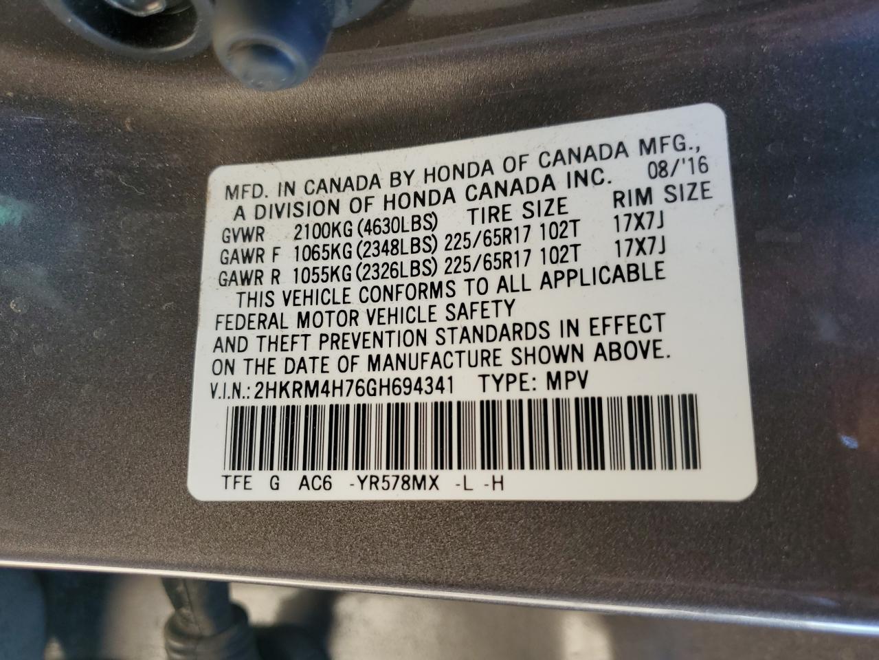 2016 Honda Cr-V Exl VIN: 2HKRM4H76GH694341 Lot: 86112415