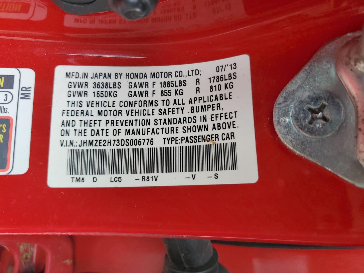 2013 Honda Insight Ex VIN: JHMZE2H73DS006776 Lot: 86650765