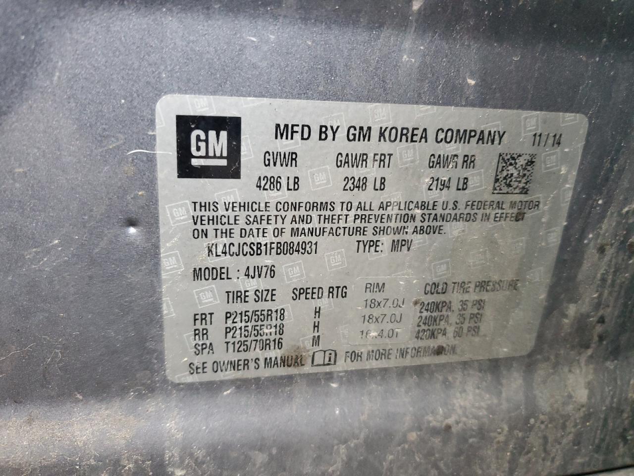 2015 Buick Encore VIN: KL4CJCSB1FB084931 Lot: 82728205