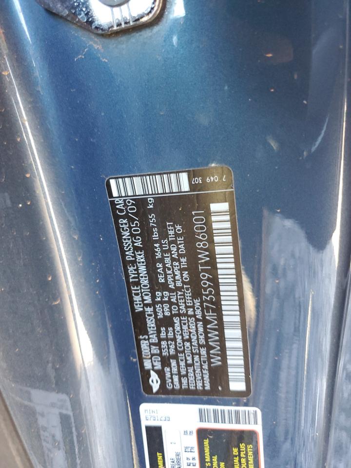 2009 Mini Cooper S VIN: WMWMF73599TW86001 Lot: 89833235