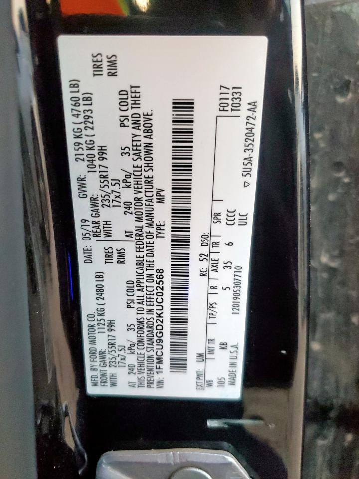 2019 Ford Escape Se VIN: 1FMCU9GD2KUC02568 Lot: 85285285