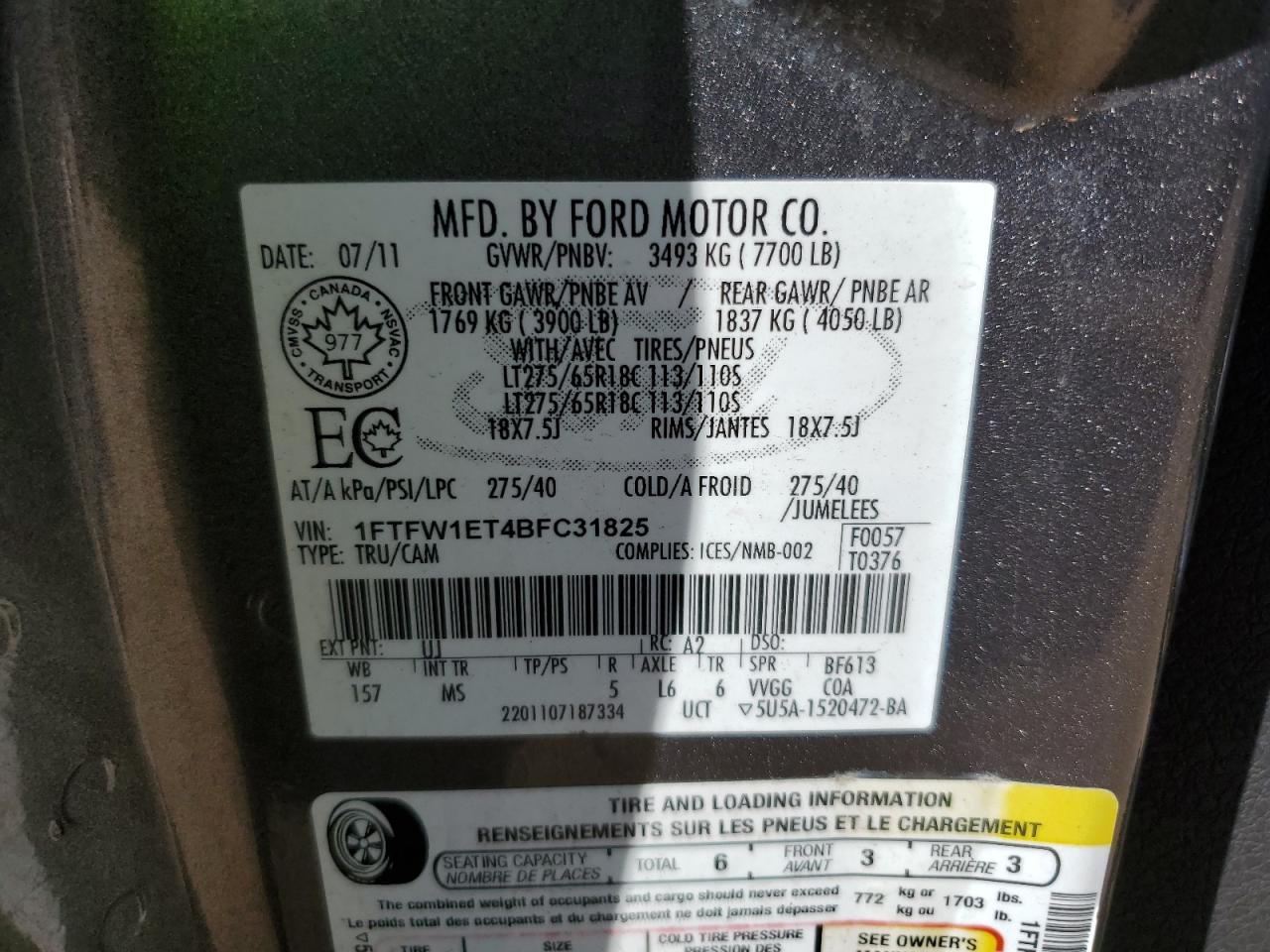 2011 Ford F150 Supercrew VIN: 1FTFW1ET4BFC31825 Lot: 81438205