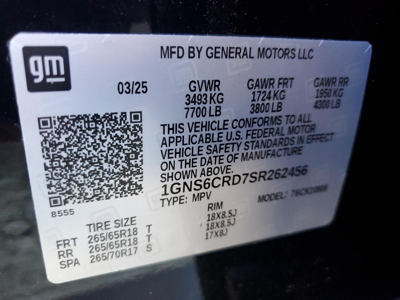 2025 Chevrolet Suburban K1500 Lt VIN: 1GNS6CRD7SR262456 Lot: 84925335