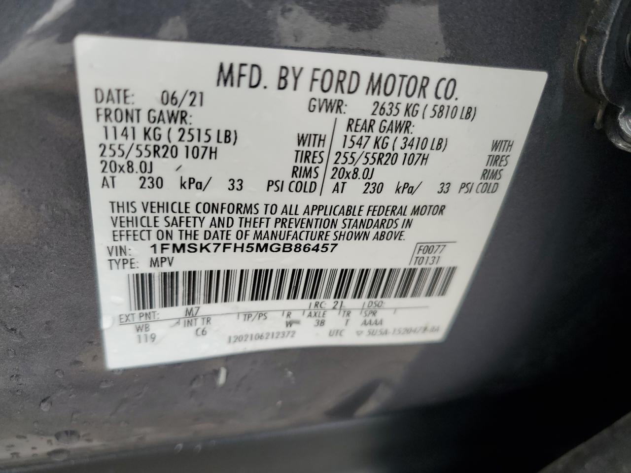 2021 Ford Explorer Limited VIN: 1FMSK7FH5MGB86457 Lot: 85279185