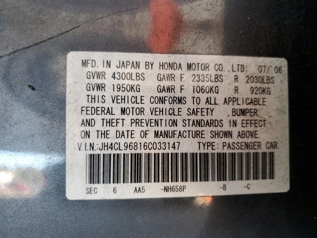 2006 Acura Tsx VIN: JH4CL96816C033147 Lot: 90297605