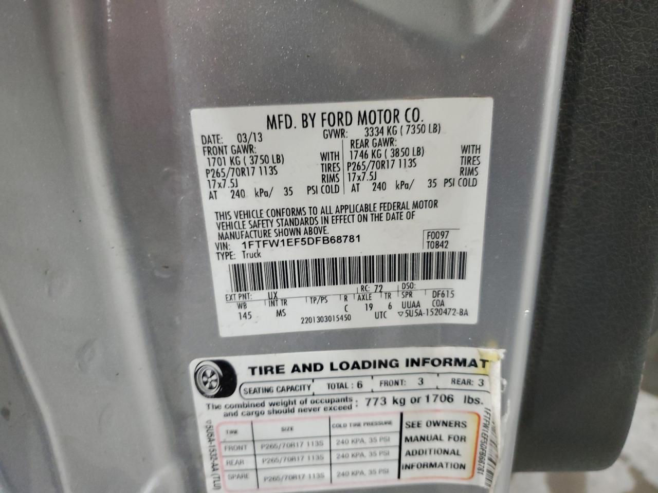 2013 Ford F150 Supercrew VIN: 1FTFW1EF5DFB68781 Lot: 89910485