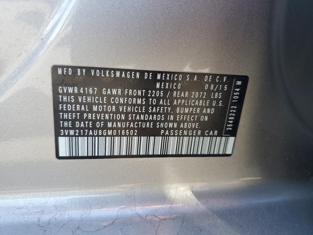 2016 Volkswagen Golf S/Se VIN: 3VW217AU8GM016502 Lot: 82627405