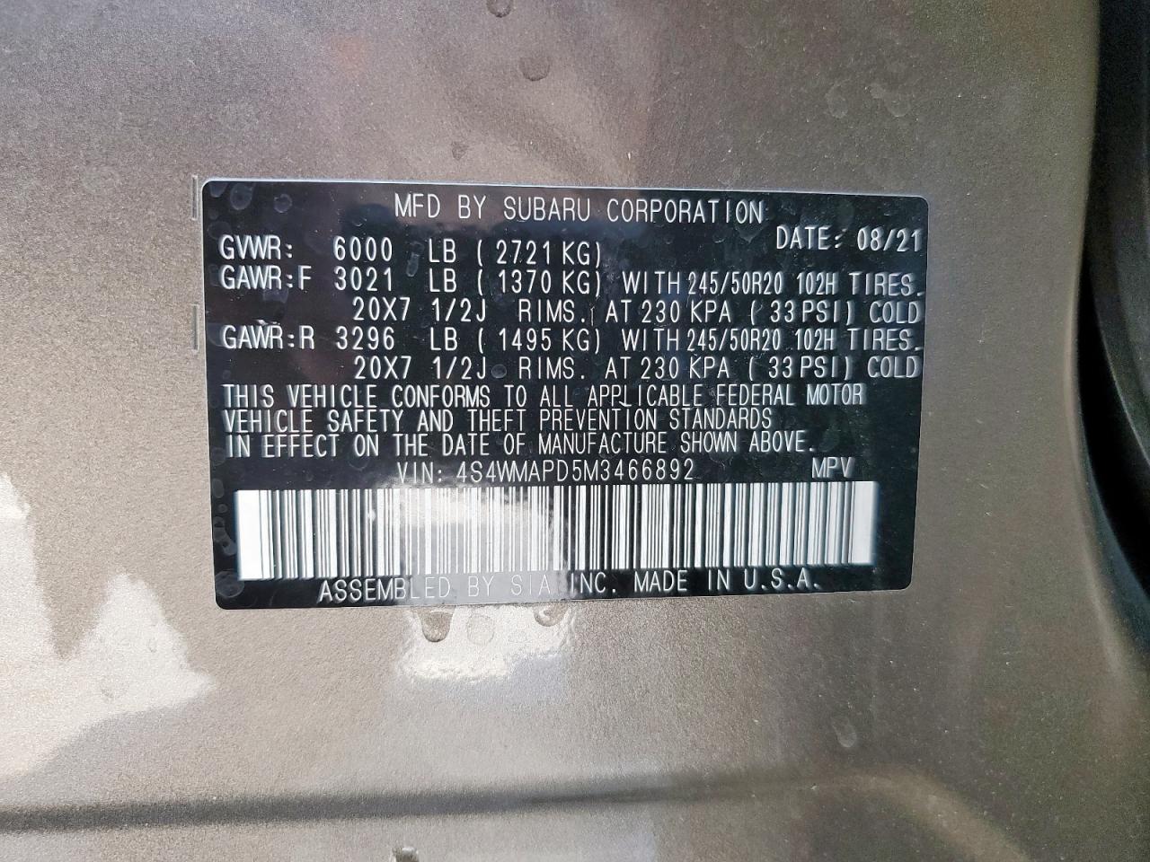 2021 Subaru Ascent Limited VIN: 4S4WMAPD5M3466892 Lot: 85284915