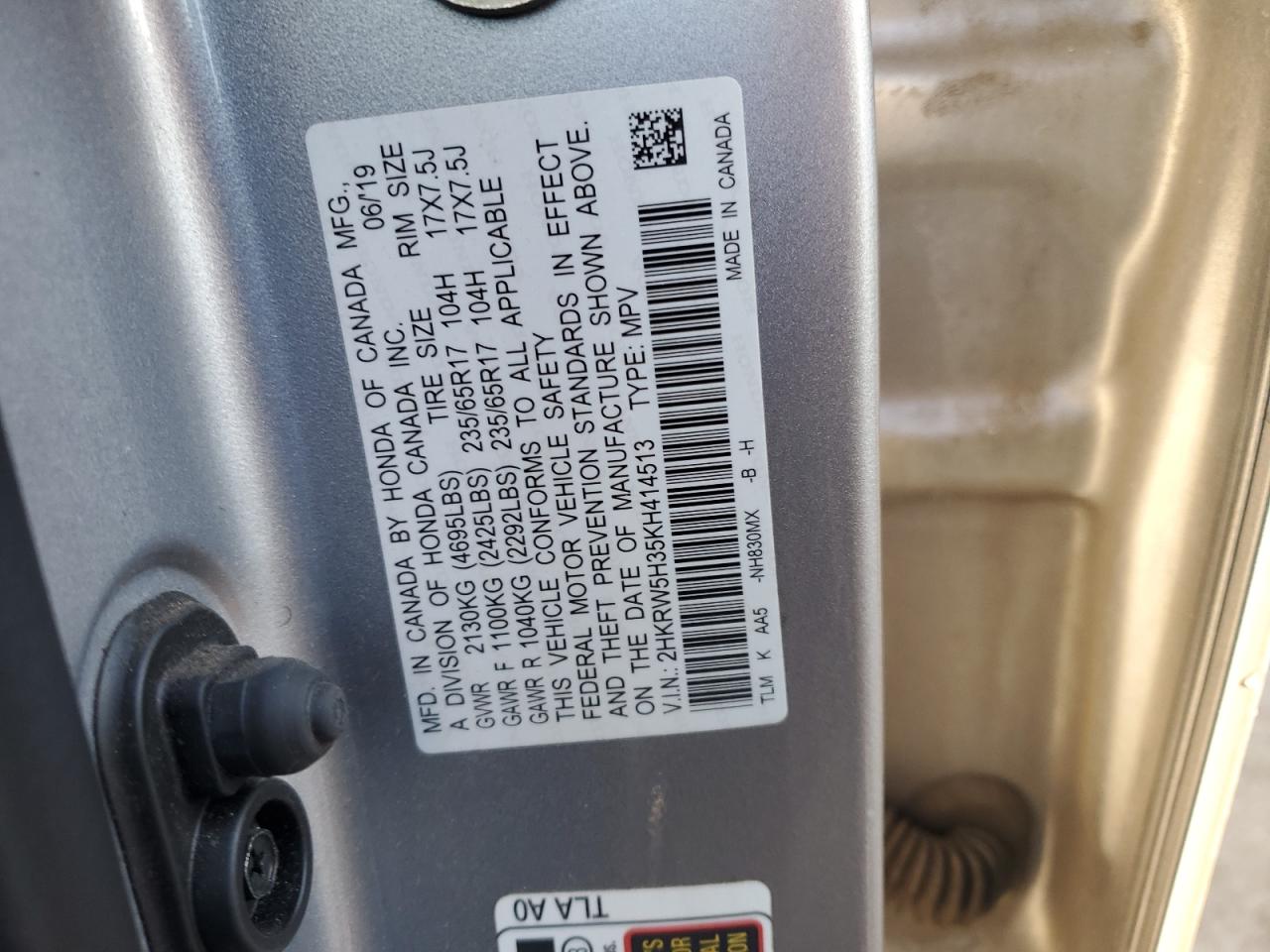 2019 Honda Cr-V Lx VIN: 2HKRW5H35KH414513 Lot: 86252545