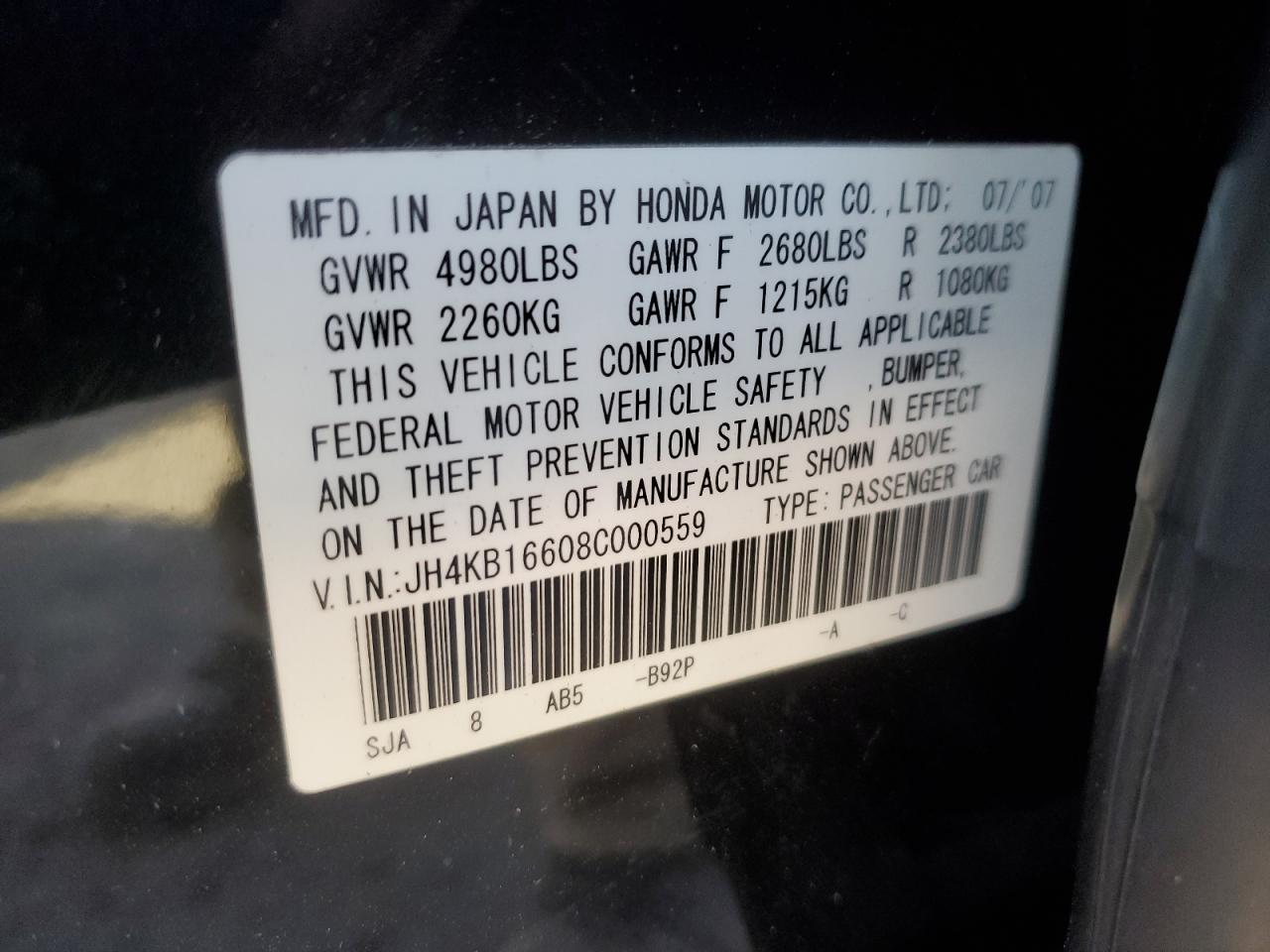 2008 Acura Rl VIN: JH4KB16608C000559 Lot: 80865165