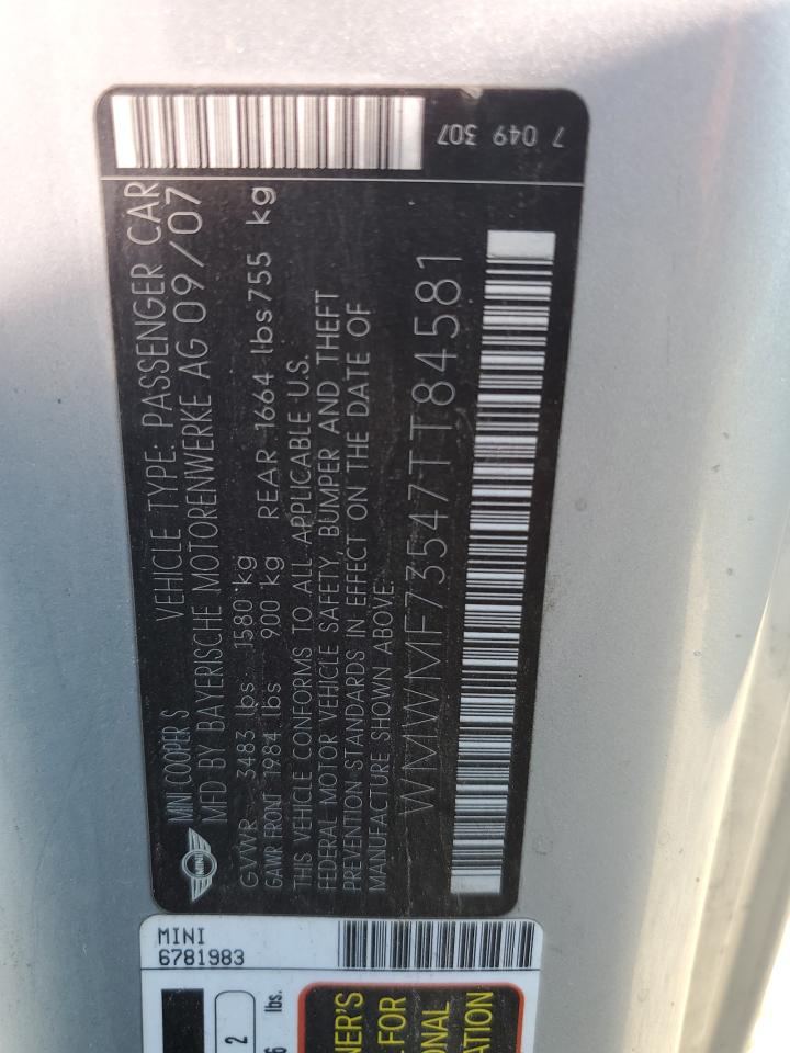 2007 Mini Cooper S VIN: WMWMF73547TT84581 Lot: 90952495