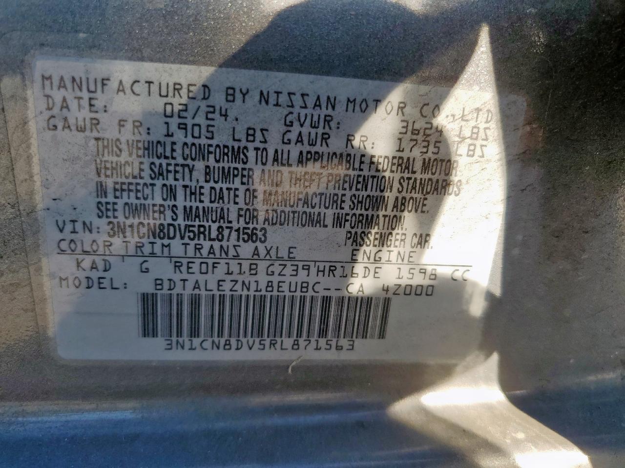 2024 Nissan Versa S VIN: 3N1CN8DV5RL871563 Lot: 82465545