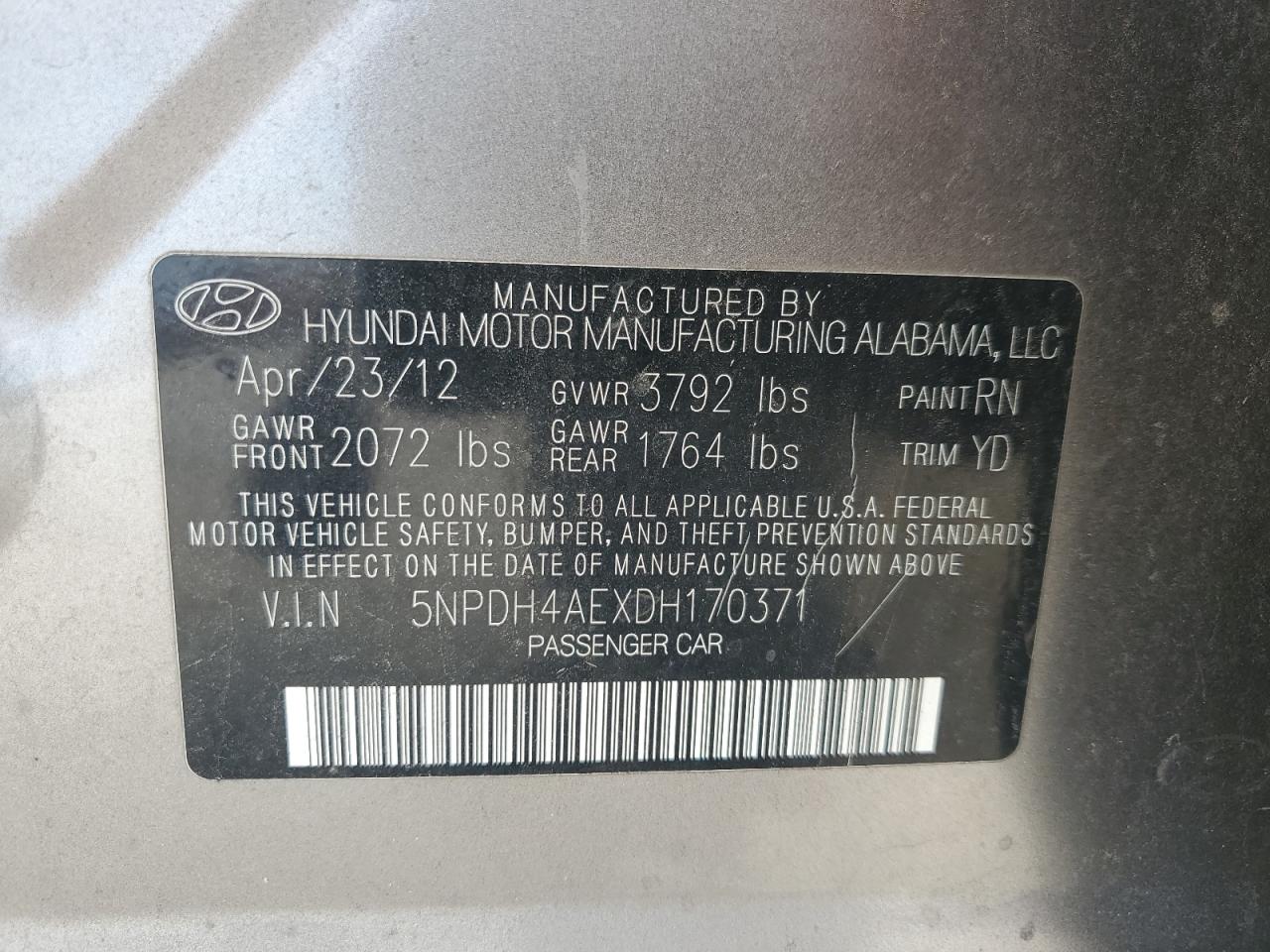 2013 Hyundai Elantra Gls VIN: 5NPDH4AEXDH170371 Lot: 81929355