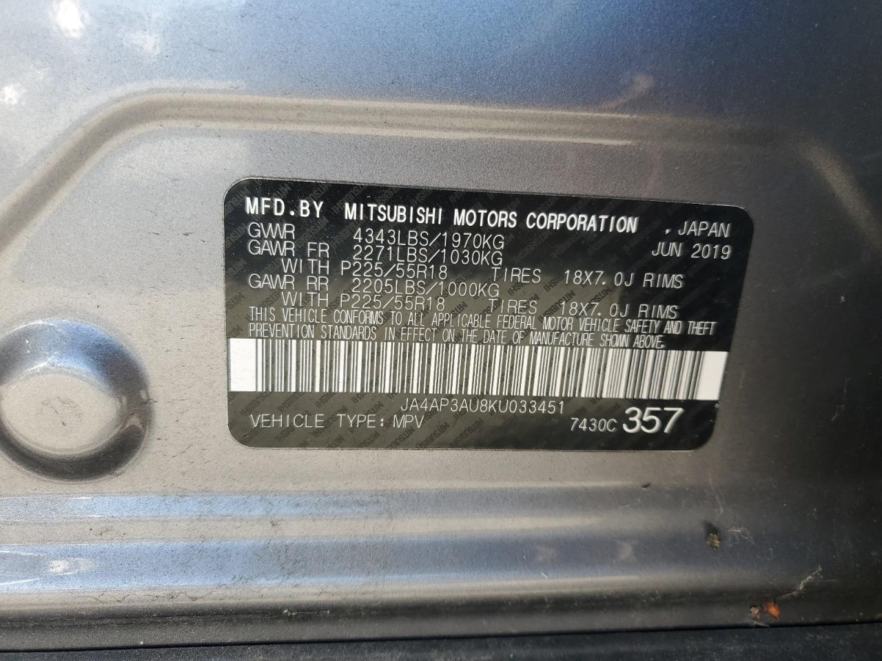 2019 Mitsubishi Outlander Sport Es VIN: JA4AP3AU8KU033451 Lot: 84883625