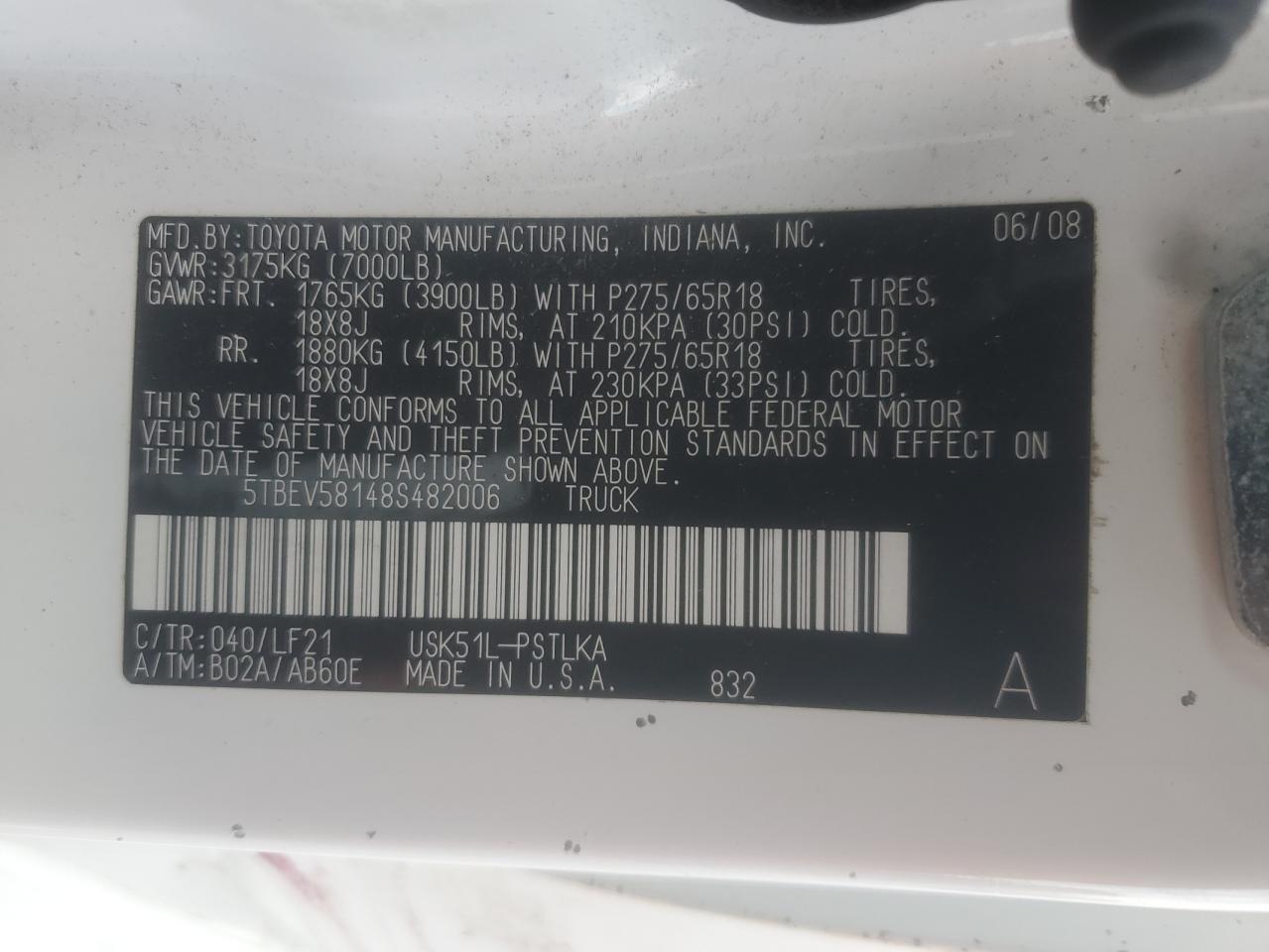 2008 Toyota Tundra Crewmax Limited VIN: 5TBEV58148S482006 Lot: 85559445