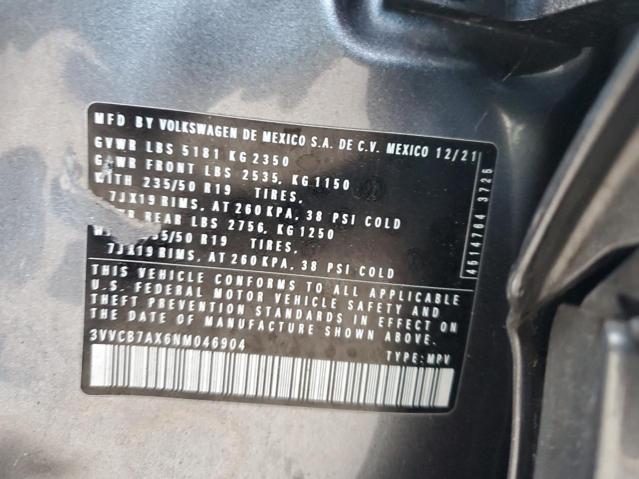 2022 Volkswagen Tiguan Se R-Line Black VIN: 3VVCB7AX6NM046904 Lot: 85091995