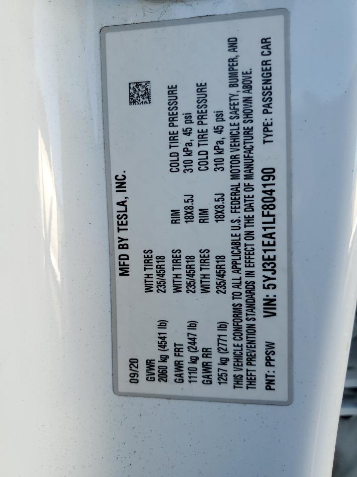 2020 Tesla Model 3 VIN: 5YJ3E1EA1LF804190 Lot: 85922245