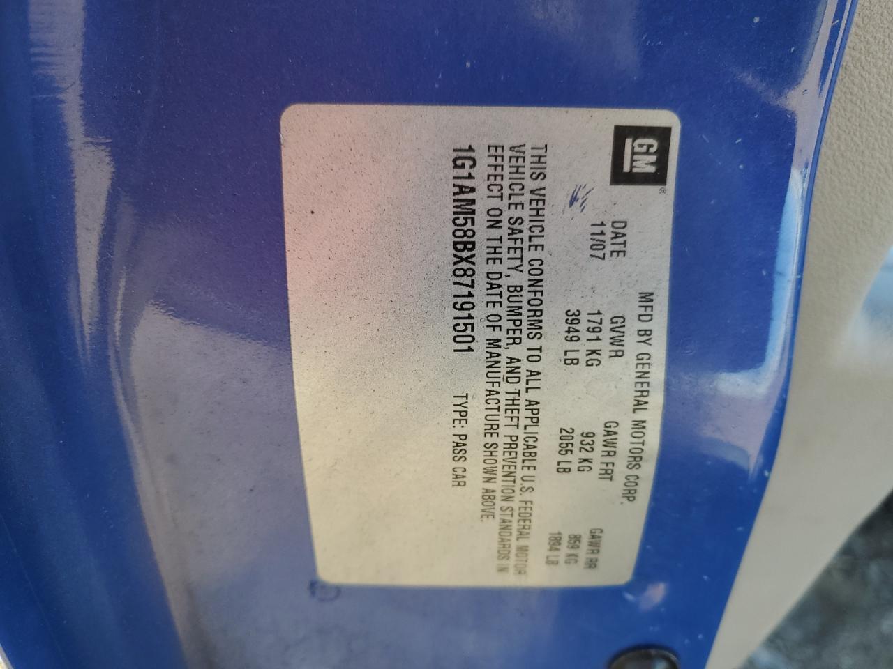 2008 Chevrolet Cobalt Sport VIN: 1G1AM58BX87191501 Lot: 90309585