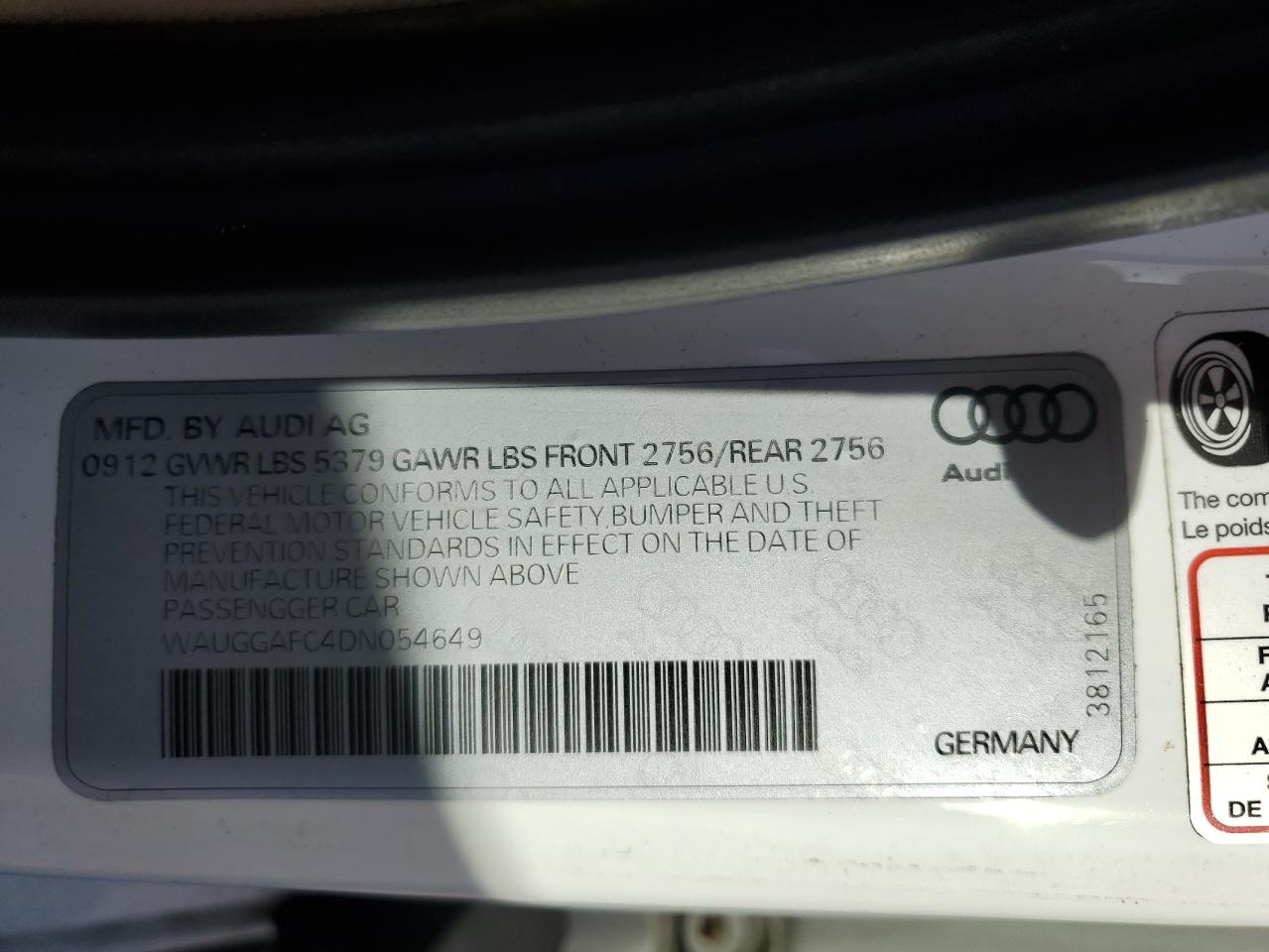 2013 Audi A6 Premium Plus VIN: WAUGGAFC4DN054649 Lot: 89511595