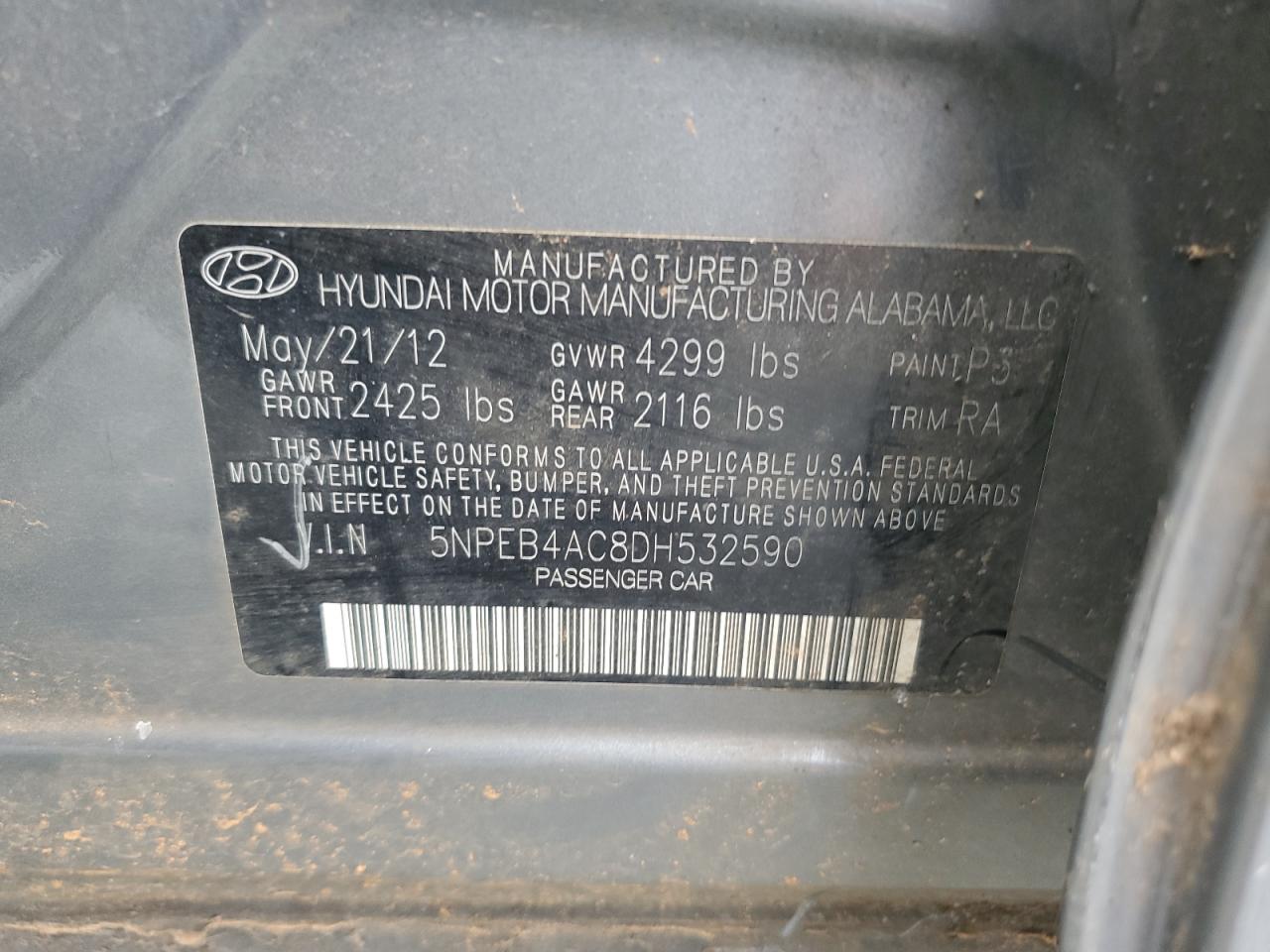 2013 Hyundai Sonata Gls VIN: 5NPEB4AC8DH532590 Lot: 82391925