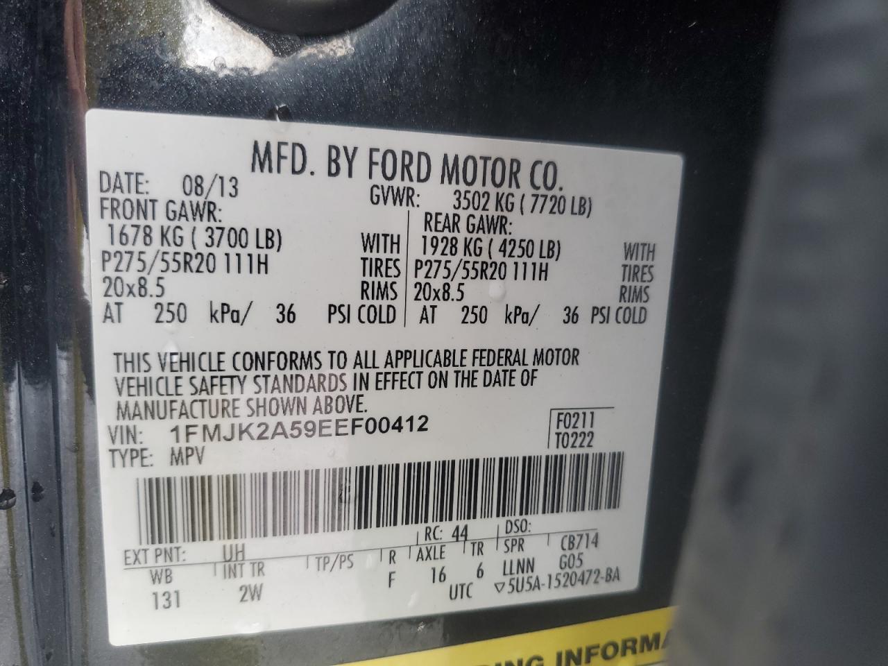 2014 Ford Expedition El Limited VIN: 1FMJK2A59EEF00412 Lot: 85884335