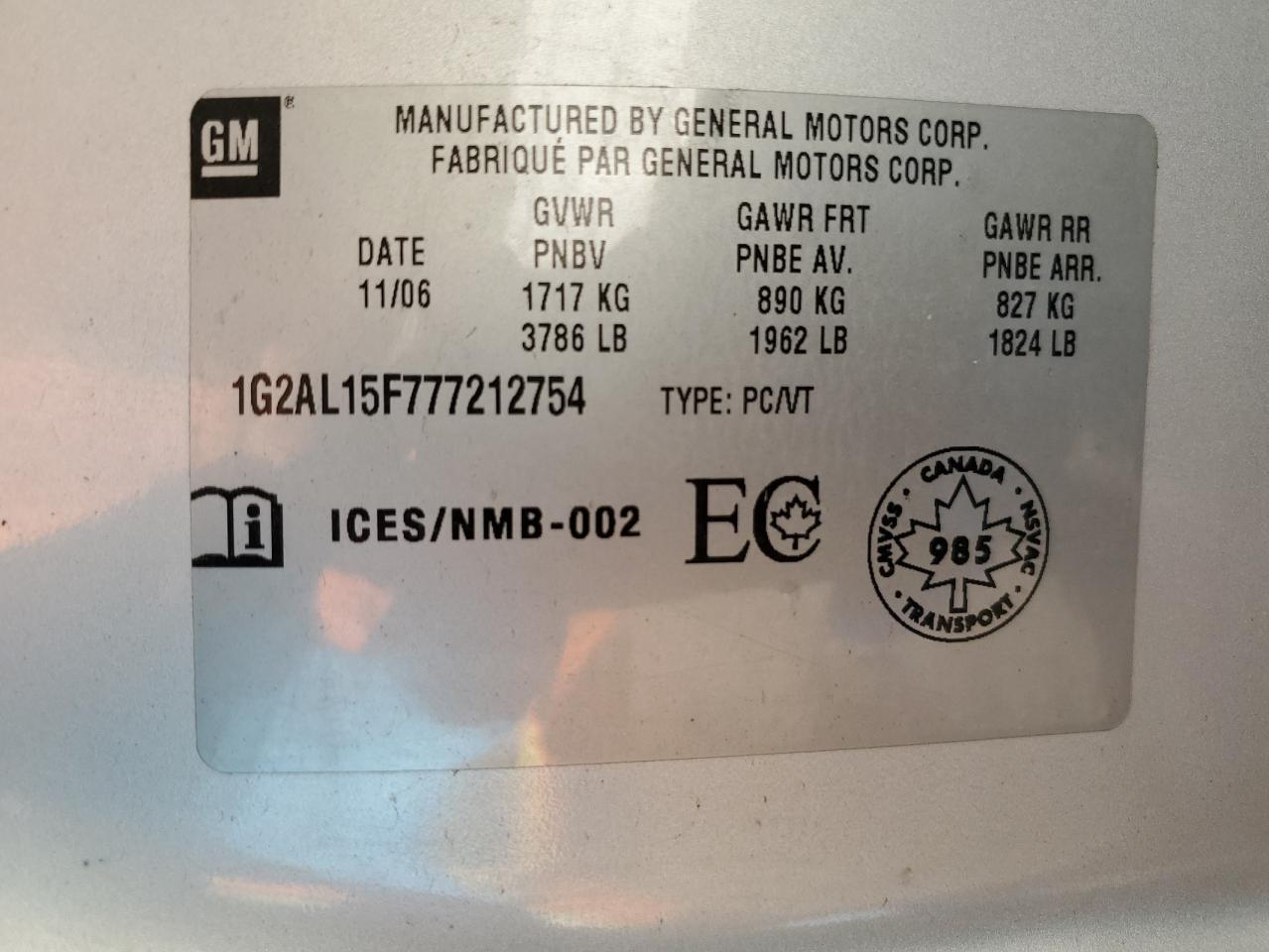 2007 Pontiac G5 VIN: 1G2AL15F777212754 Lot: 84522135