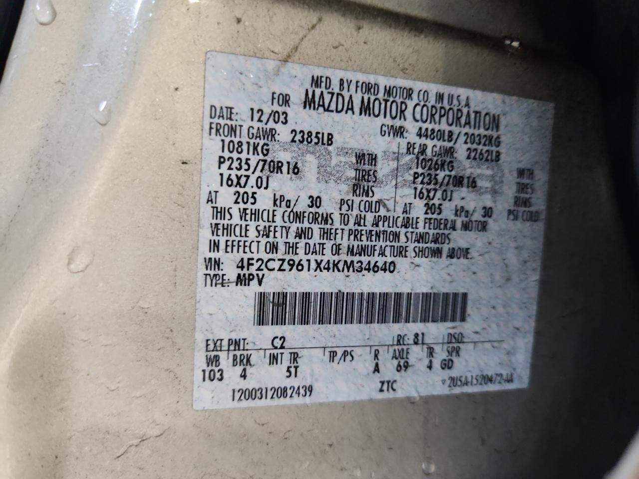 2004 Mazda Tribute Es VIN: 4F2CZ961X4KM34640 Lot: 86317615