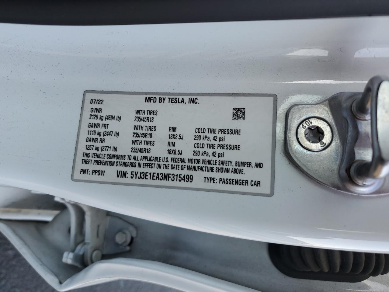 2022 Tesla Model 3 VIN: 5YJ3E1EA3NF315499 Lot: 90937275