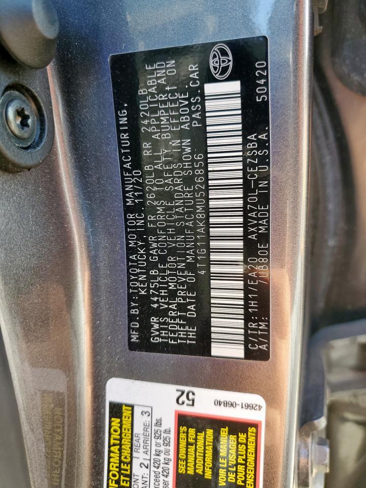 2021 Toyota Camry Se VIN: 4T1G11AK8MU526856 Lot: 85749115