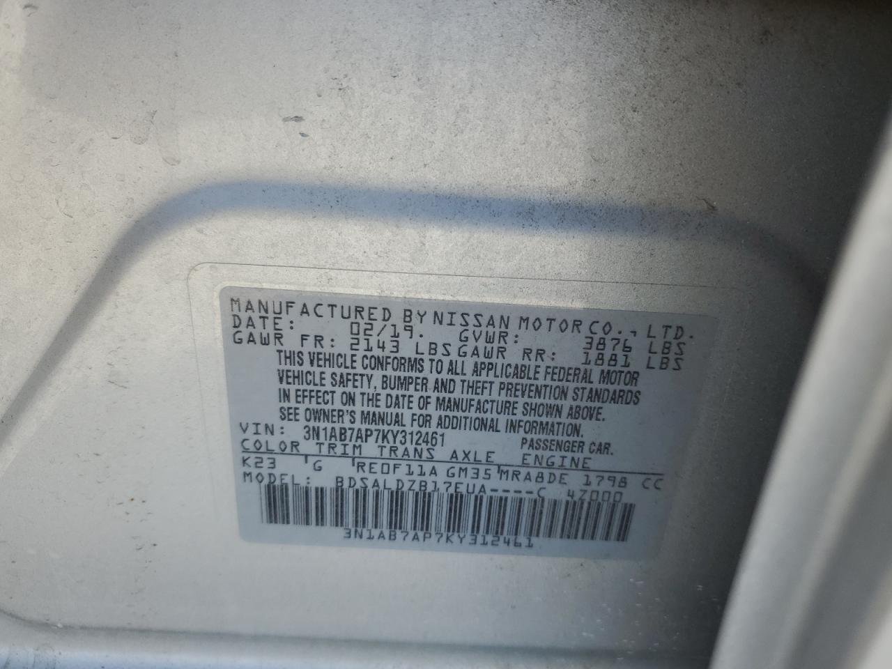 2019 Nissan Sentra S VIN: 3N1AB7AP7KY312461 Lot: 85566745