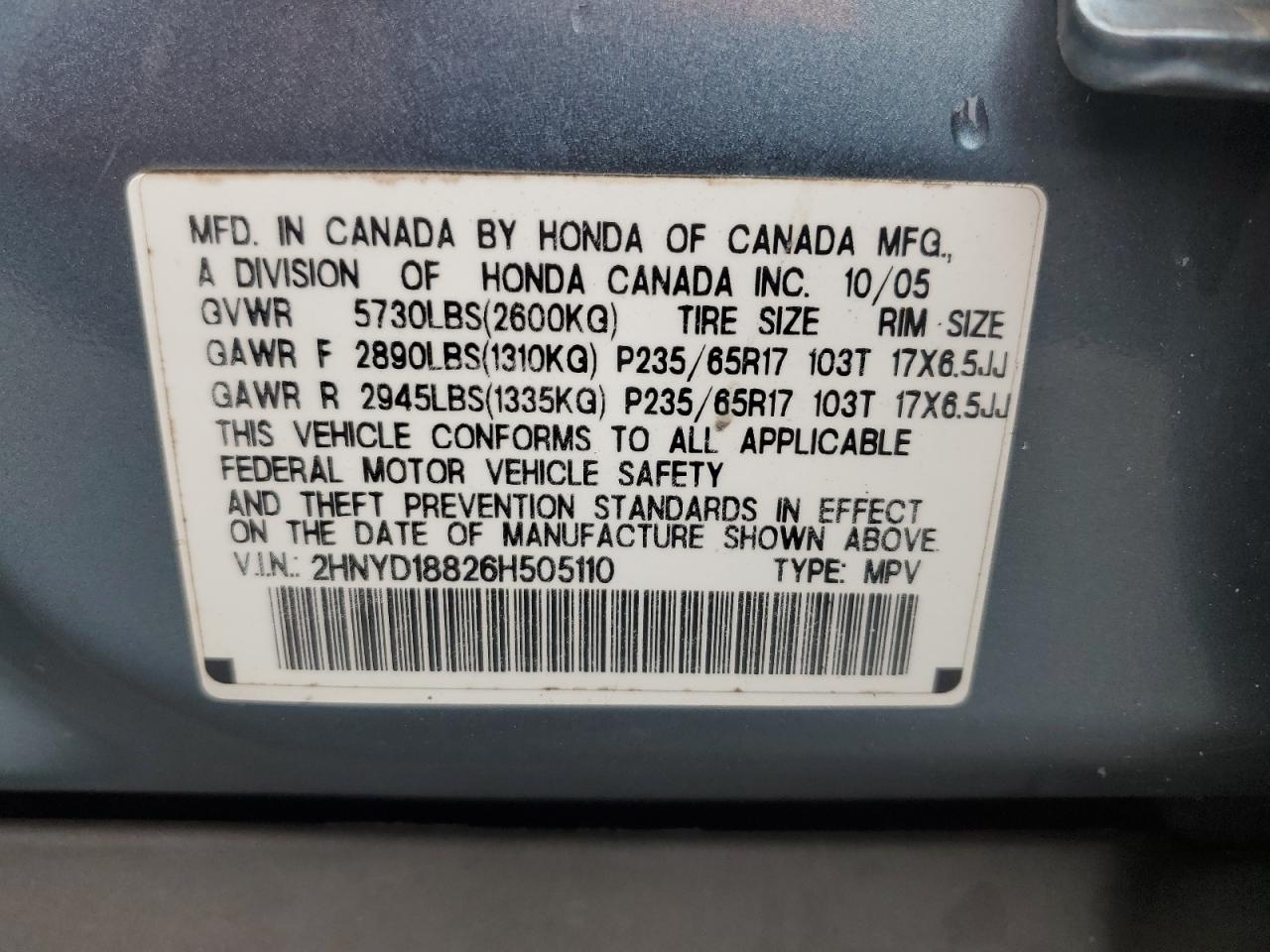 2006 Acura Mdx Touring VIN: 2HNYD18826H505110 Lot: 90625745