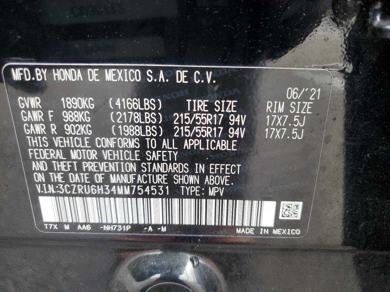 2021 Honda Hr-V Lx VIN: 3CZRU6H34MM754531 Lot: 82440405