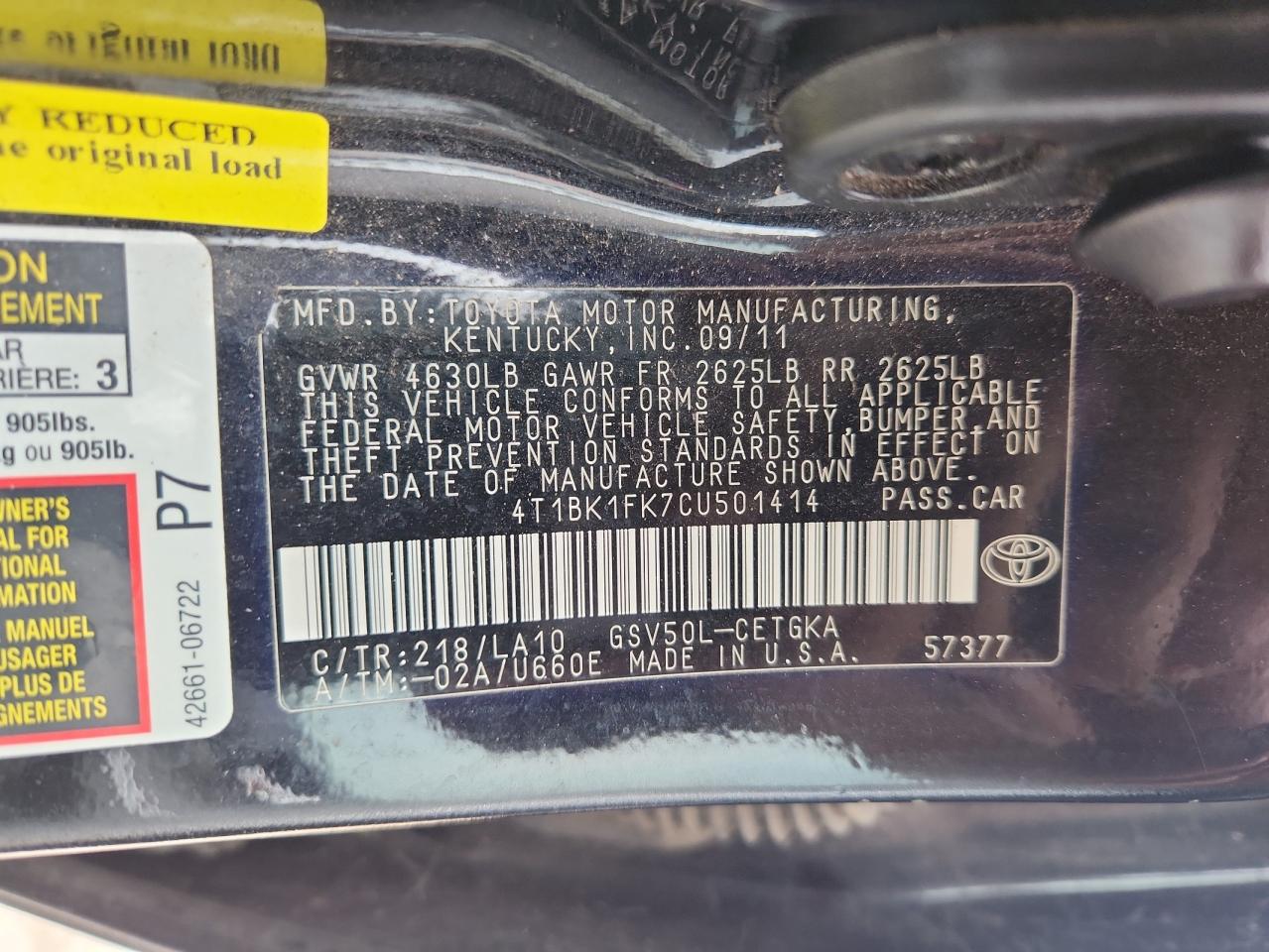 2012 Toyota Camry Se VIN: 4T1BK1FK7CU501414 Lot: 81970605